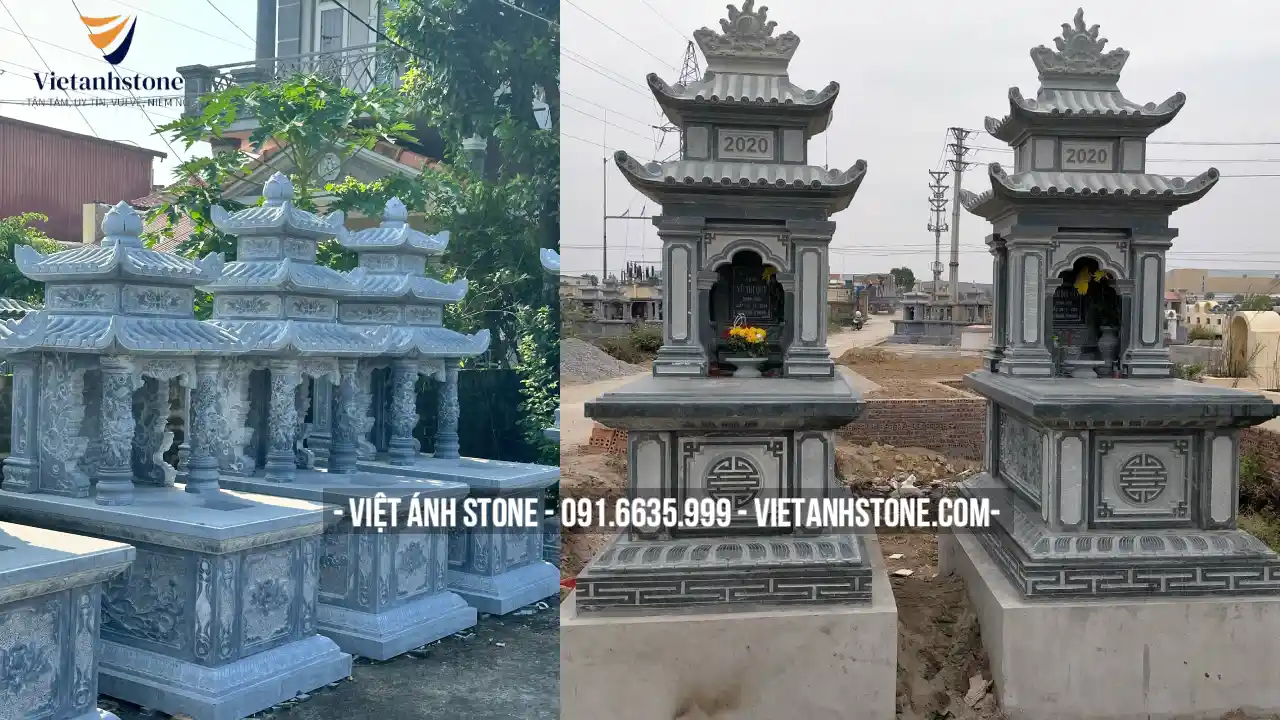 Mộ đá ba mái được thi công từ các chất liệu đá granite Ninh Bình, đá hoa cương Thanh Hóa, Bình Định, Campuchia, Ấn Độ