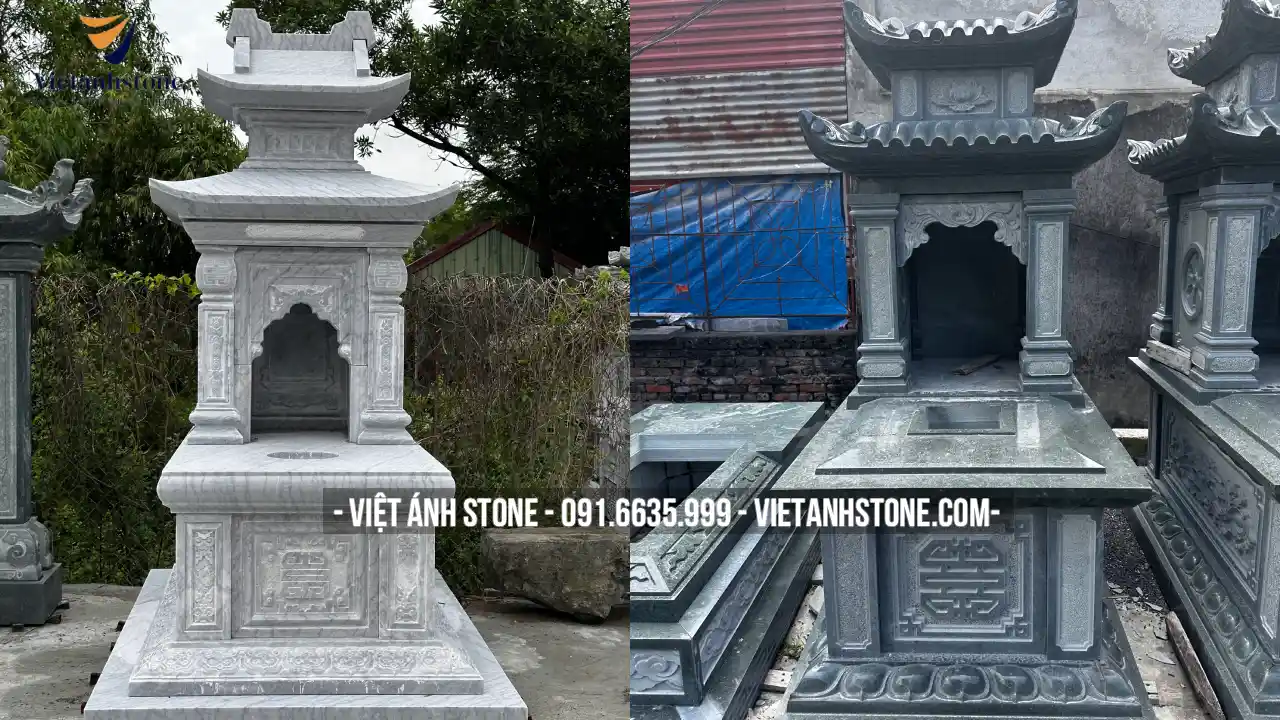 Mộ đá hai mái loại mộ được chế tác với hai tầng mái đao đá xếp chồng lên nhau. Đây thường là mộ đá đơn