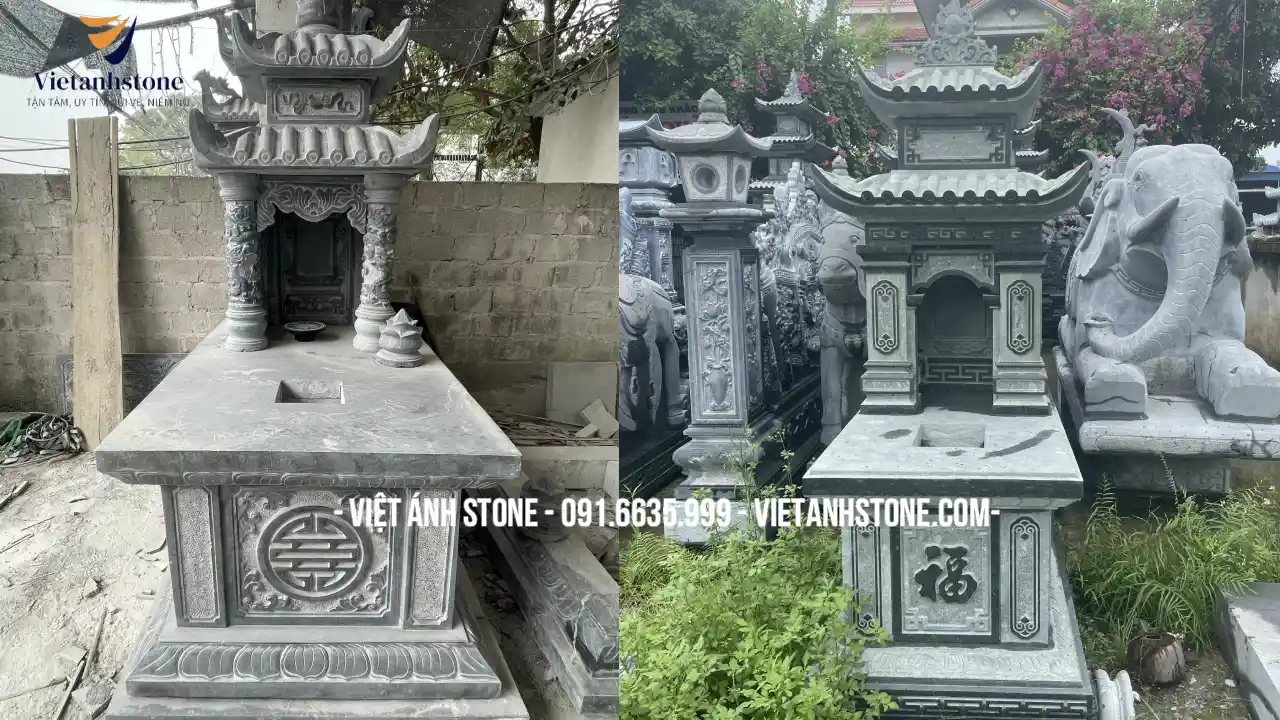 Mộ đá 2 mái gồm các phần đế mộ, thân mộ, bài vị, mái mộ