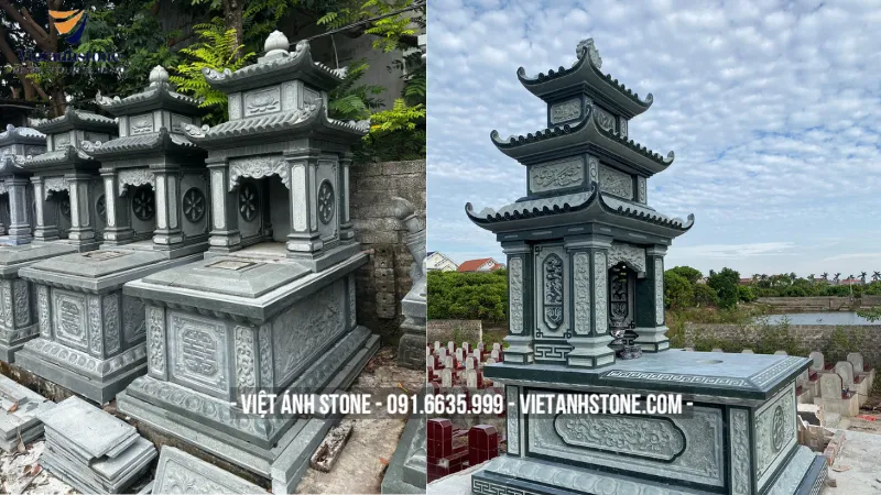 Mẫu mộ ba mái sử dụng đá xanh đen, tôn lên vẻ sang trọng và tinh khiết.