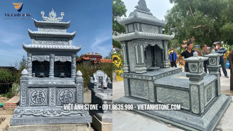 Mẫu mộ đá đôi ba mái quy mô lớn, phù hợp với gia tộc đông con cháu, thể hiện sự tôn vinh bậc tiền nhân.