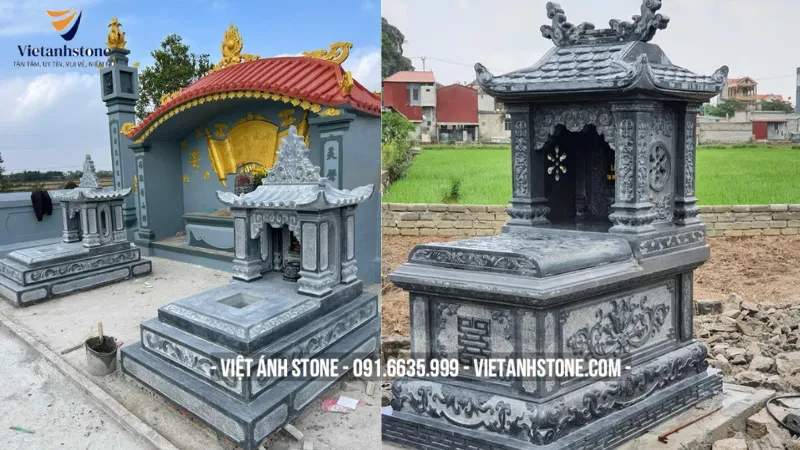 Mẫu mộ đá một mái đơn giản, chạm khắc hoa sen nhẹ nhàng, phù hợp với không gian nghĩa trang nhỏ gọn.