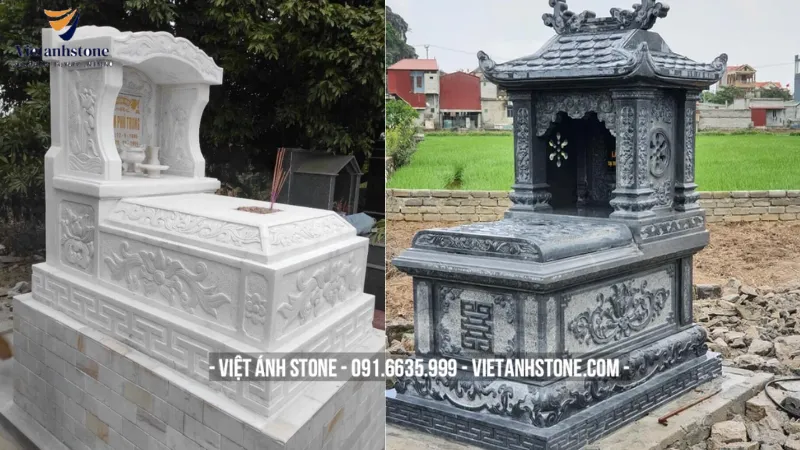 Mẫu mộ 1 mái đơn giản, trang nghiêm với mái che được chạm khắc hoa văn Mây hoặc Sen nhẹ nhàng, cân đối