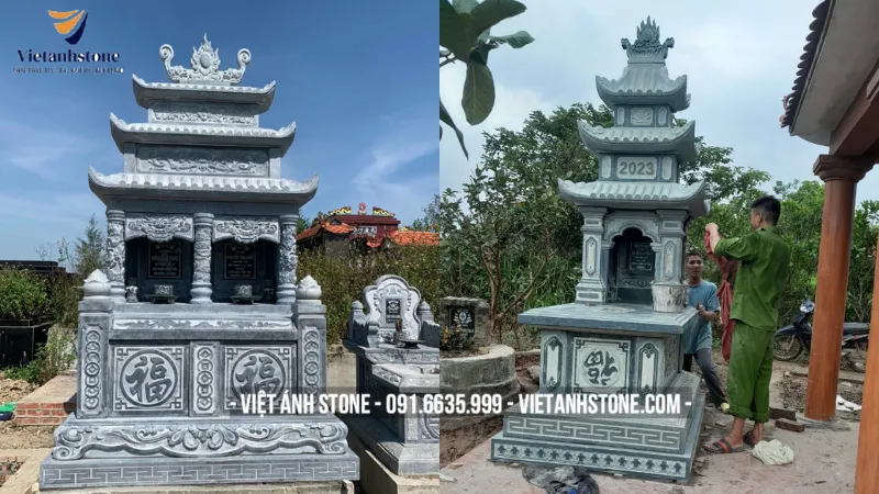 Mẫu mộ 3 mái krúc bề thế, uy nghi với ba tầng mái được chạm khắc Rồng Phượng tinh xảo