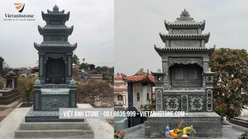 Mẫu lăng mộ đá xanh rêu giá rẻ thiết kế cổ điển với hoa văn rồng phượng