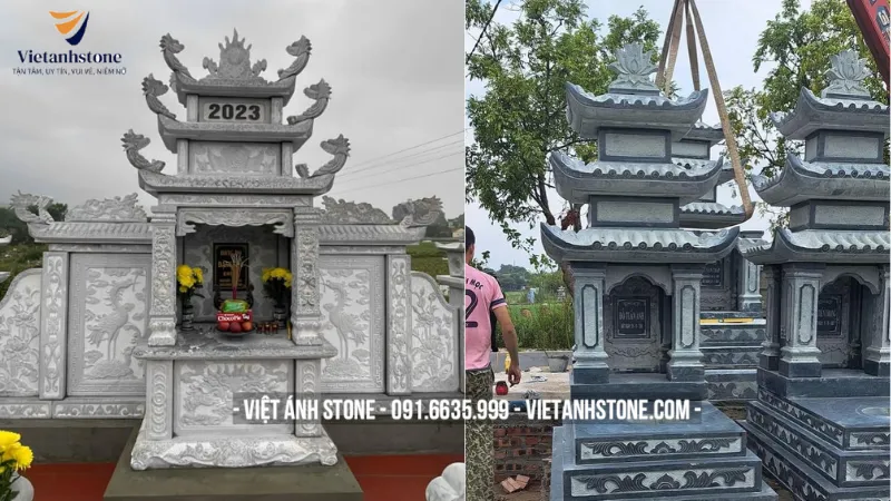 Mộ ba mái thiết kế cầu kỳ, biểu tượng cho phúc–lộc–thọ.