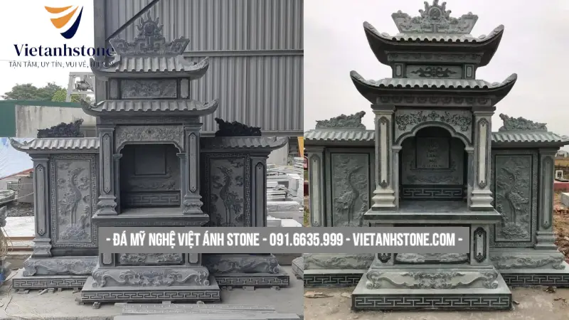 Sử dụng đá nguyên khối lớn, chạm khắc tinh xảo, bố cục cầu kỳ, thường dùng cho mộ tổ hoặc khu lăng mộ dòng họ.